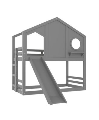 Twin House Bunk Bed with Slide & Storage Shelves, Solid Wood Loft Bed