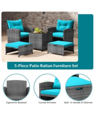 5 Piece Patio Rattan Furniture w/ 2 Ottomans & Tempered Glass Coffee Table Outdoor