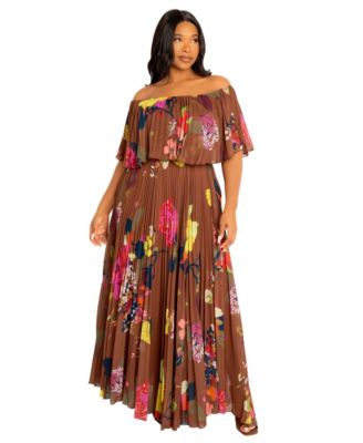 Plus Size Ombre Off Shoulder Pleated Maxi Dress