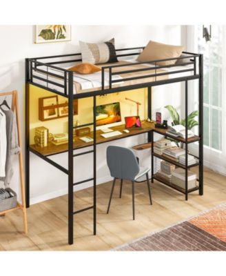 Twin Size Loft Bed Raised Platform Bed with Desk and 2 Storage Shelves