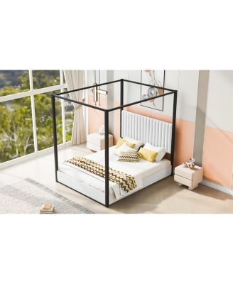 Queen Size Upholstery Canopy Platform Bed with Headboard and Metal Frame