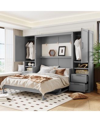 Queen Size Murphy Bed with Closet, Drawers, Shelves