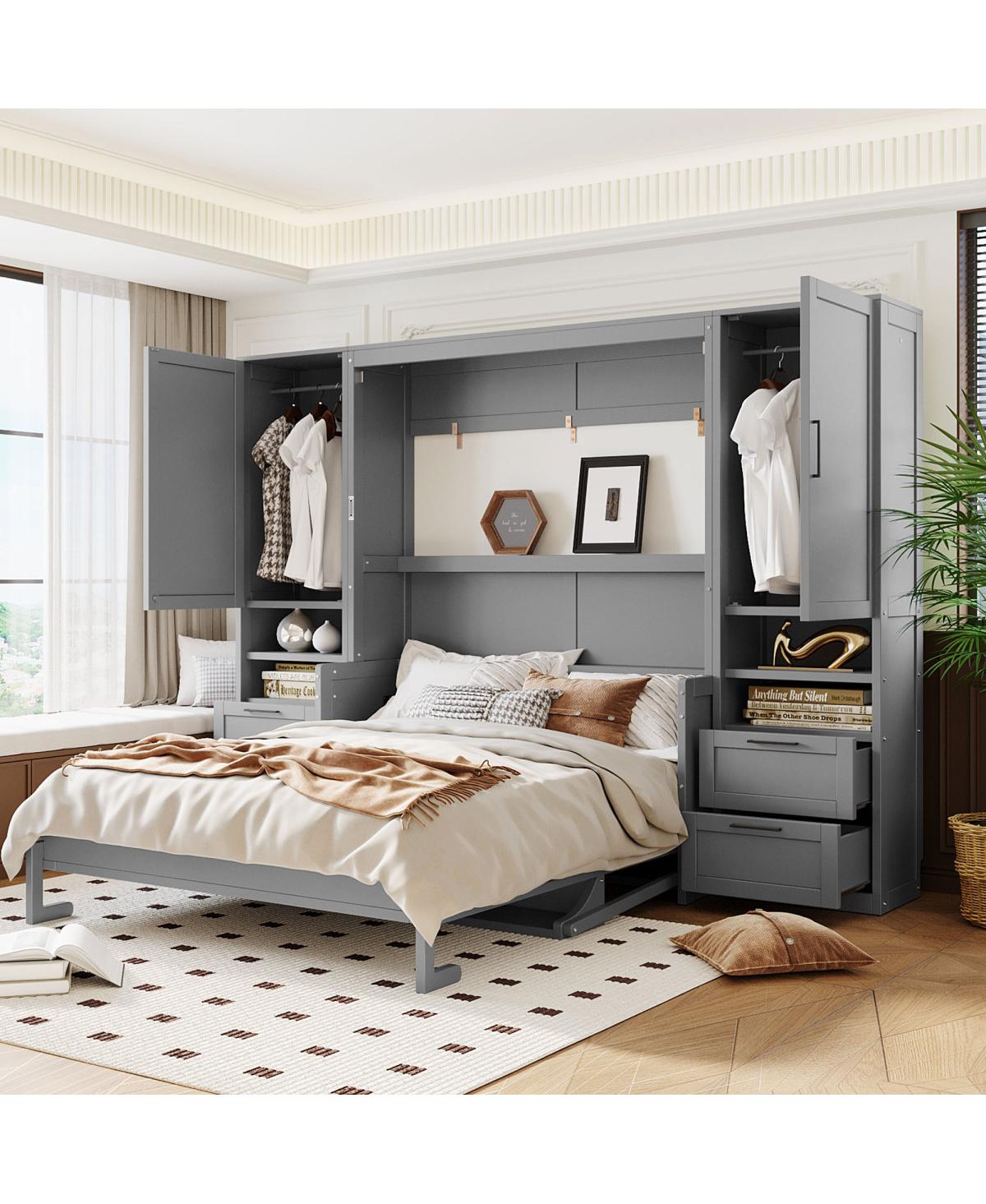 Streamdale Furniture Queen Size Murphy Bed with Closet, Drawers, Shelves