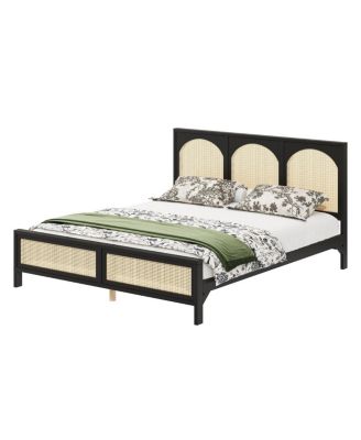 King Size Wood Platform Bed with Rattan Headboard 