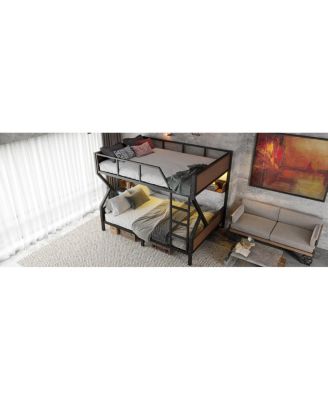 Queen over Queen Bunk Bed with Storage Shelves and Lights