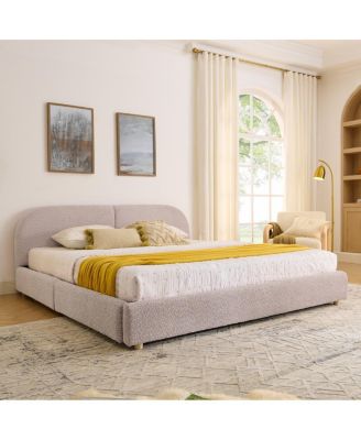 King Size Upholstered Bed Frame, Modern Minimalist Style, Curved Headboard, Drawer Storage