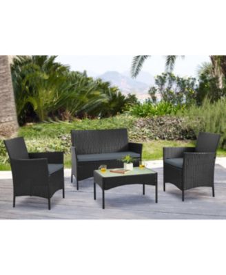 4 Piece  Outdoor Conversation Patio Set with 2 Armchairs 1 Loveseat and Tempered Glass Coffee Table for Backyard Garden Porch