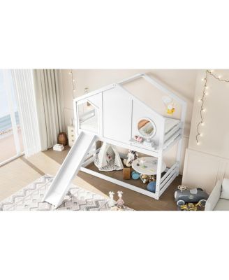 Twin House Bunk Bed with Slide & Storage Shelves, Solid Wood Loft Bed
