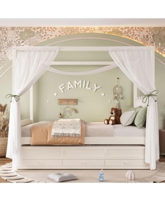  Princess Canopy Bed Frame, Twin Trundle, 3 Drawers