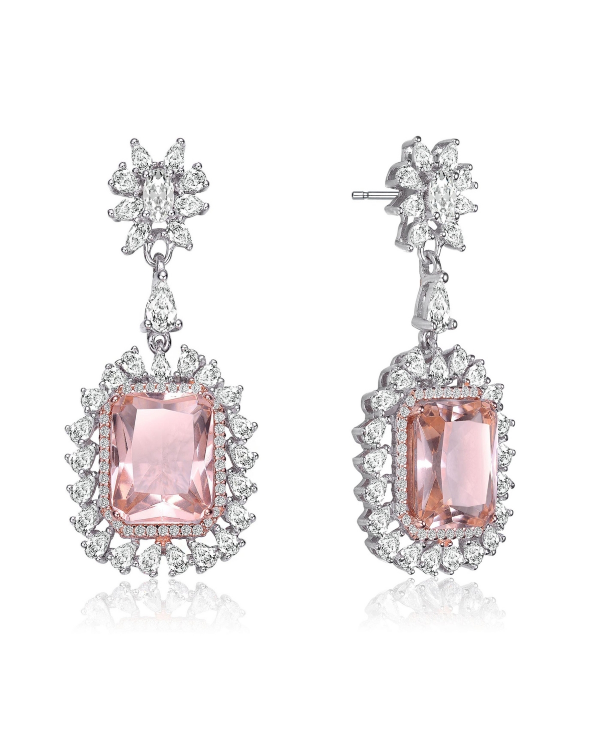 Sterling Silver with White Gold Plated Pink with Clear Cubic Zirconia Halo Drop Earrings