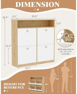 Narrow Shoe Cabinet with 4 Flip Drawers and Open Shelf, Wooden Freestanding Shoes Organizer with Shelves for Slippers,Sneakers,Heels,Boots