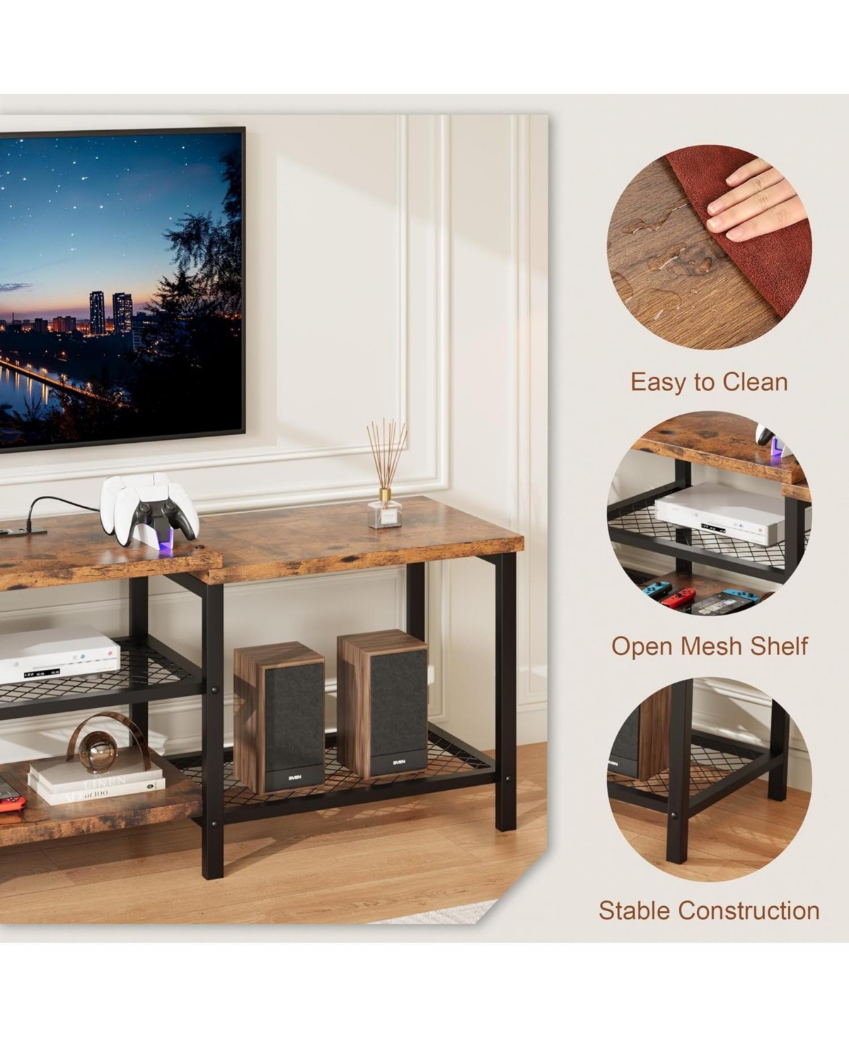 gaomon Tv Stand for Up to 75" TVs with Led Lights and Power Outlet, Open Storage Entertainment Center
