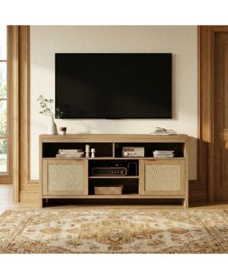 30" Tall Rattan TV Console Cabinet with Storage，Entertainment Center Media Console for 45-65" TV Living Room ，30 in Tall Oak Wood Television