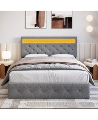 Bed Frame, LED Bed Frame with Fast-Charging USB Port, Upholstered Platform Bed Frame with Adjustable Headboard, Strong Support Slats