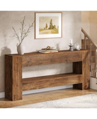 63-Inch Solid Wood Console Table, Farmhouse Entryway Table with 2-Tier Storage Shelf, Rustic Wood Narrow Long Sofa Table Behind Couch