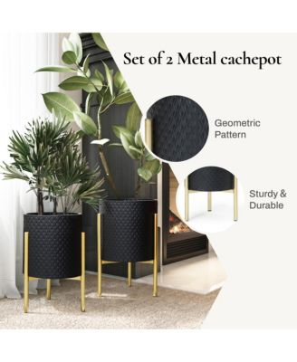 2-Piece Diamond Pattern Round Metal Cachepot Planter Set
