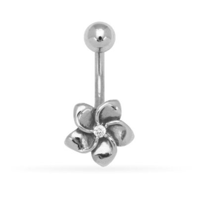 Solid 14k Yellow or White Gold 14G Cubic Zirconia Plumeria Flower Belly Button Ring Body Piercing Ring