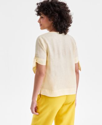 Women's 100% Linen Split-Neck Tie-Cuff Top