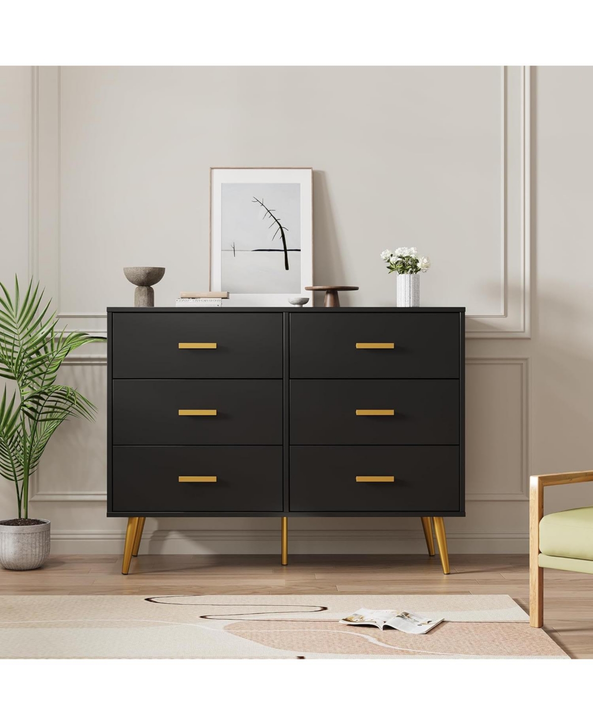 gaomon 6 Drawer Dresser, Modern Wooden Chest of Drawers with Gold Handles, Deep Drawers for Bedroom, Living Room and Entryway