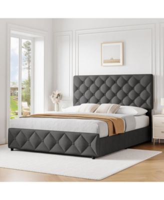 Queen Size Bed Frame with 4 Storage Drawers, Linen Upholstered Platform Bed Frame with Adjustable Headboard