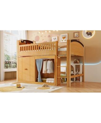 Streamdale Full Size Loft Bed with Storage Cabinet, Wardrobe & LED