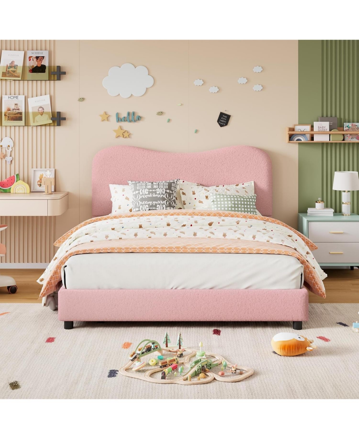gaomon Bed Frame with Upholstered Headboard, Soft Low Profile Sturdy Platform Rounded Corners Design, Wooden Slats