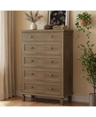 Vintage 6-Drawer Tall Dresser, Wooden Storage Chest with Carved Handles for Bedroom