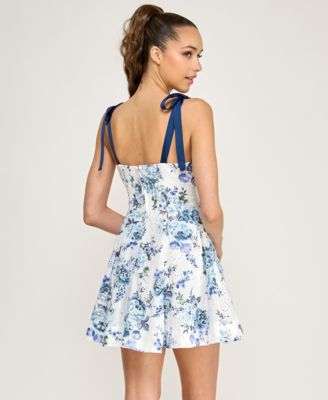 Juniors' Square Neck Printed Fit and Flare Dress