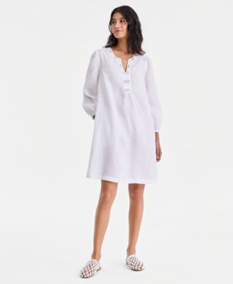 Women's 100% Linen Embellished Split-Neck Dress