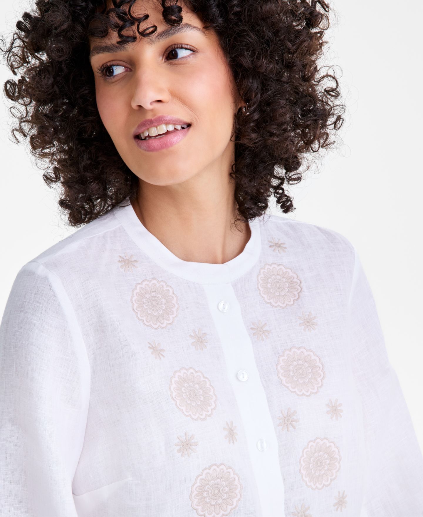 Женский топ Charter Club 100% Linen Embroidered-Front Peplum, цвет: Яркий белый — фото 3