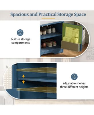 Rustic Storage Bench - Wood Shoe Cabinet Storage Ottoman with Removable Cushion, Woven Rattan Doors, Adjustable Shelves for Hallway