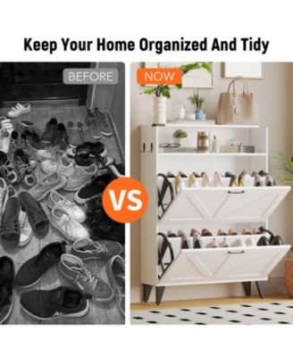 Entryway Shoe Cabinet - 2 Flip Drawers + Open Shelf with Hooks & Metal Handle Organizer