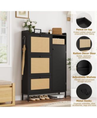 Rattan Narrow Entryway Shoe Cabinet - 3 Flip Drawers with Adjustable Shelves Storage Organizer