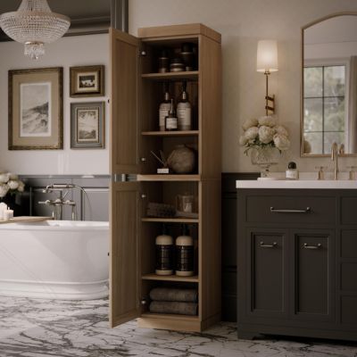 Premium 100% Solid European Oak Hardwood Bathroom Storage Cabinet with Shaker Doors – 16" Wide, 71.5" Tall