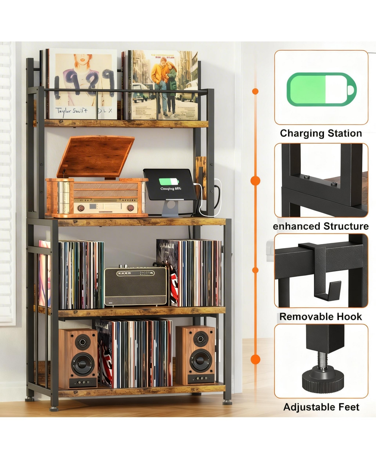 Yigii Large Capacity Vinyl Record Stand, 4-Tier Design, Multi-Function, Stable, Easy Assembly