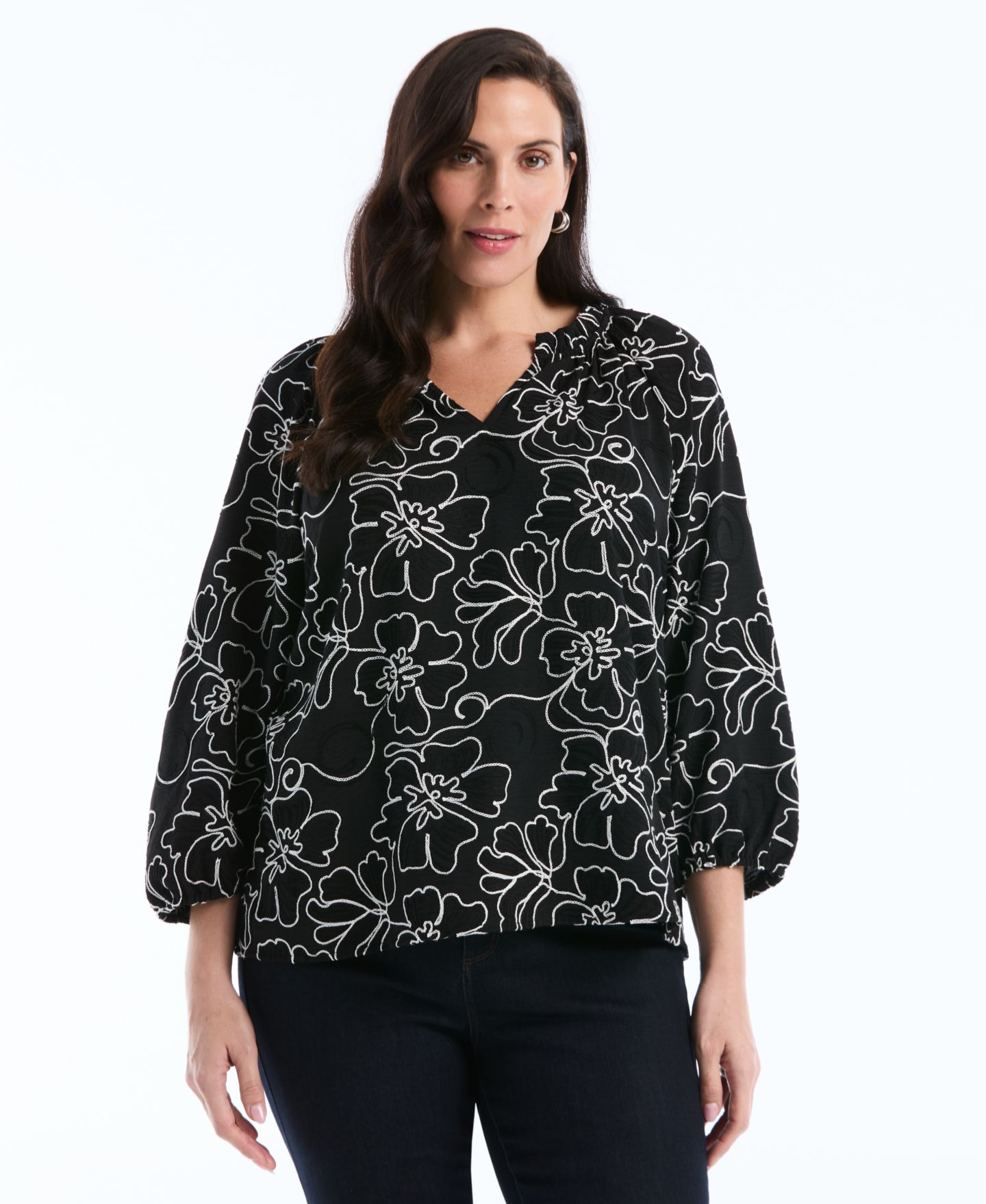 Женская блузка Rafaella Plus Size Floral Embroidered 3/4-Sleeve, цвет: Чёрный — фото 1