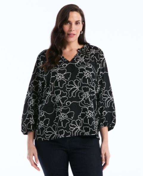 Женская блузка Rafaella Plus Size Floral Embroidered 3/4-Sleeve, цвет: Чёрный