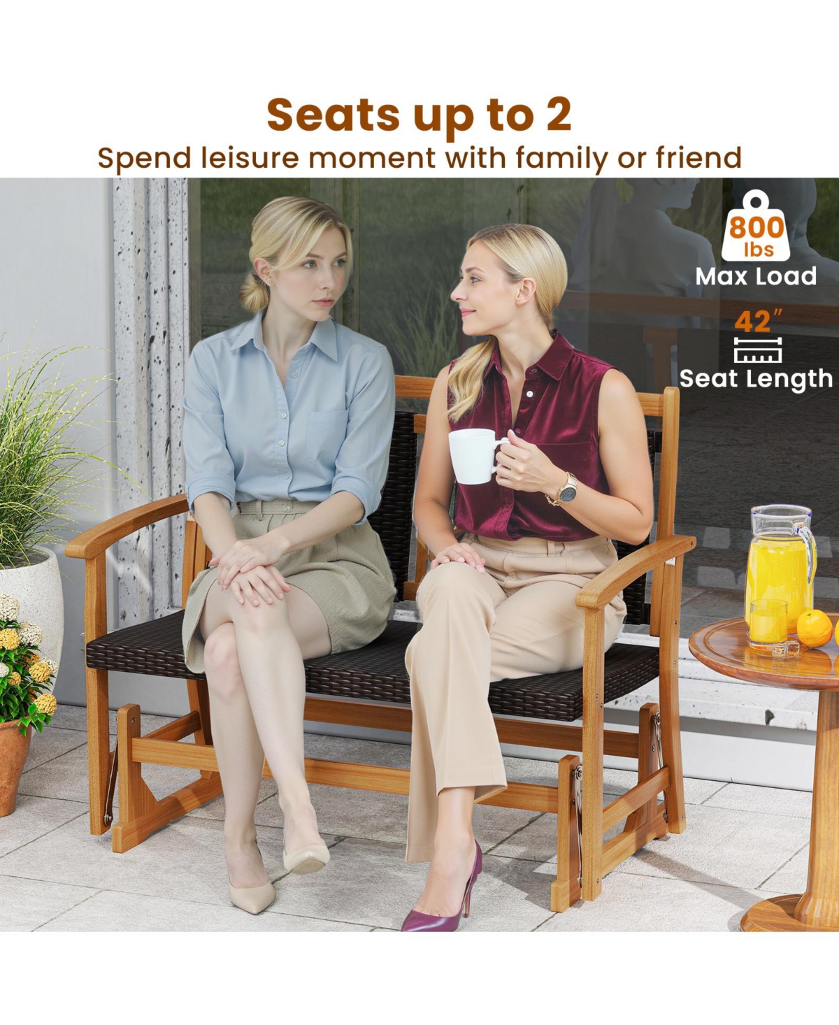 Gymax Patio Rattan Glider Bench Swing Gliding Rocker for 2 w/ Acacia Wood Frame