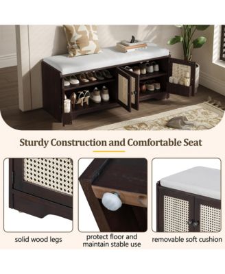 Rustic Storage Bench - Wood Shoe Cabinet Storage Ottoman with Removable Cushion, Woven Rattan Doors, Adjustable Shelves for Hallway