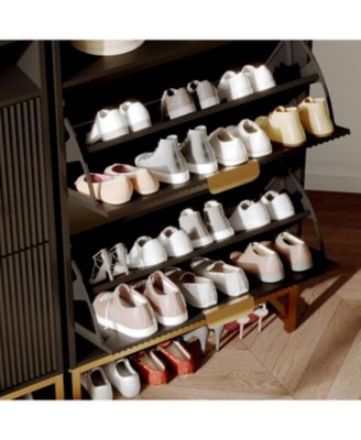 Fluted Wood Shoe Cabinet - 2 Flip Drawers + Open Shelf Modern Entryway Foyer Storage Organizer