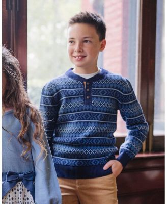 Boys Organic Long Sleeve Henley Pullover Sweater with Elbow Patches