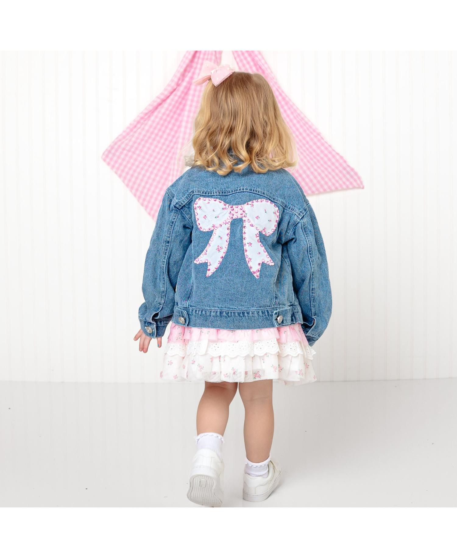 Big Girls Pearl and Gemstone Floral Bow Patch Denim Jacket