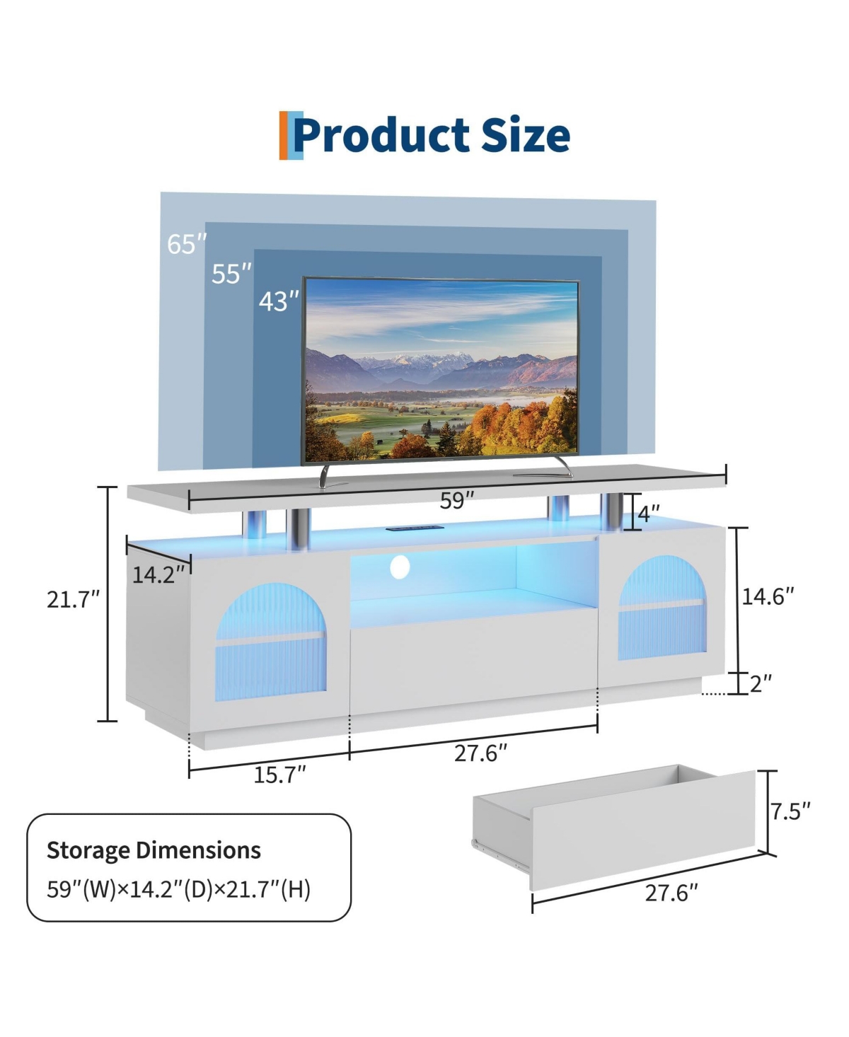 gaomon Led Tv Stand with Storage, 55/60/65 Inch Entertainment Center with Led Lights, Power Outlets & Adjustable Shelves