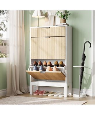 Farmhouse Shoe Cabinet with 2 Flip Drawers – Slim Fluted Shoe Organizer with Metal Legs for Entryway