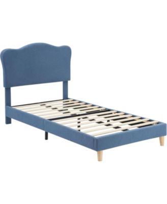 Upholstered Twin Size Bed Frame for Kids with Scallop Headboard, Cute Velvet Twin Bed for Girls, Boys, Sturdy Platform Bed, Wooden Slats