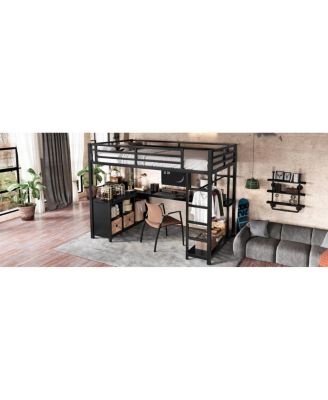 Metal Loft Bed with Wardrobe, L-shaped Desk & Storage, Twin XL