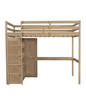  Wood Full Loft Bed w/ Wardrobe, Desk, Storage & Drawers, Walnut