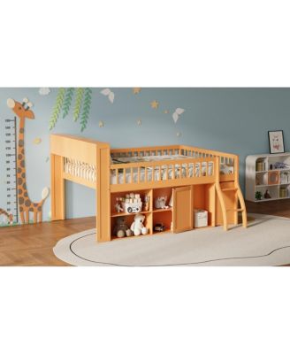Queen Size Loft Bed with Storage, Headboard with LED Light, Natural