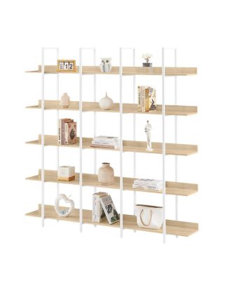 5 Tier Bookcase, Vintage Industrial Style Shelf, White Metal Frame, Oak