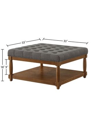 Large Square Tufted Linen Ottoman Coffee Table with Solid Wood Shelf - Granite